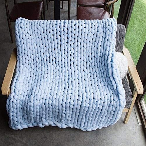 Decke gestrickt, handgefertigt, riesige klobige Grobstrickdecke, Wollgarndecke, Tagesdecke, Überwurf, Heimdekoration, Geschenk (Farbe: Hellblau, Größe: 120 x 150 cm)