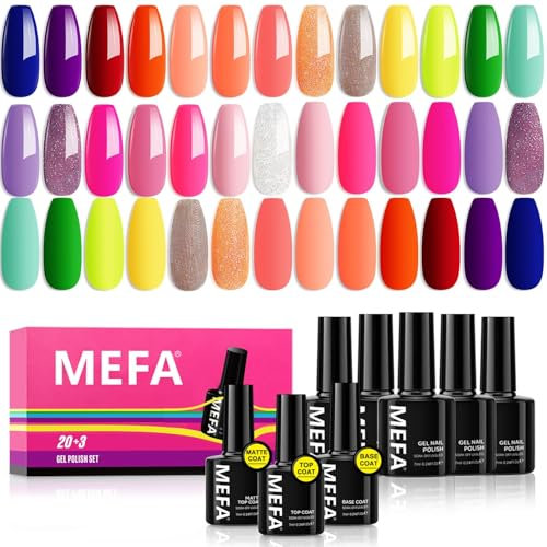 MEFA Neon Gel Nail Polish Set 23 Pcs, 20 Colors Hot Pink Navy Blue Red Green Coral Glitter Soak Off Colorful Rainbow with Glossy & Matte Top and Base Coat Nail Art Kit Design Manicure Gifts