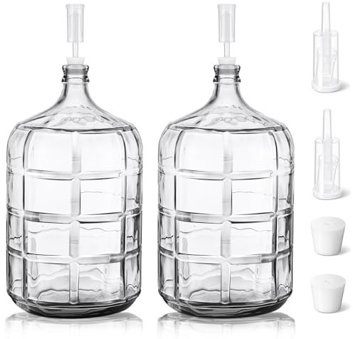 Suzile 2 Pieces 5 Gallon Glass Carboy 5 Gallon Glass Water Jug with Drilled Silicone Stoppers and Airlock Fermenting Carboy Clear Beer Wine Fermenter for Beer Wine Making Equipment