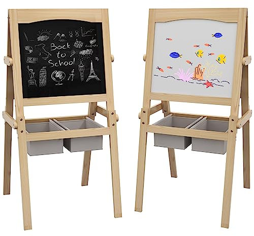 AIYAPLAY Tableau chevalet pour enfants - Tableau noir double face - Rouleau de papier + 2 paniers de rangement intégrés - Bois de pin naturel massif