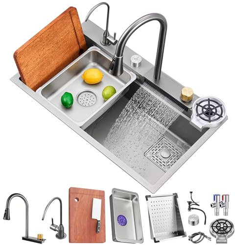 Lavelli da Cucina in Acciaio Inox 304 Nano Raindance Waterfall Lavello Lavello per Verdure Lavello Singolo con Rubinetto Estraibile (Argento, 80x45x22CM)