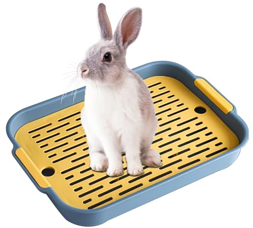 Hoquare Large Rabbit Litter Tray, Rectangular Bunny Litter Box with Grid, 2 Tier Flat Rabbit Cage Toilet Tray, Small Pet Litter Box Toilet Potty for Bunny, Guinea Pig, Cat(Blue)