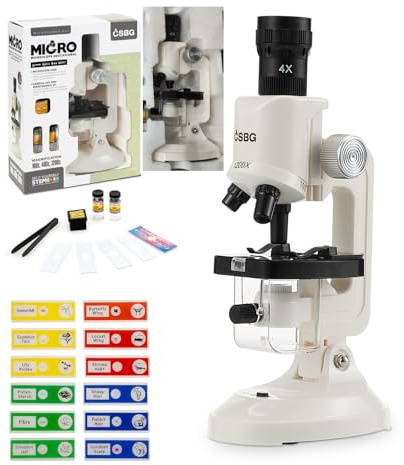 Microscope for Kids, 100X 400X 1200X Sample Prepared Slides 12pcs, White | Kids Microscope Kids Educational Science Kit for Kids Beginner Educational Toy Children's Microscope