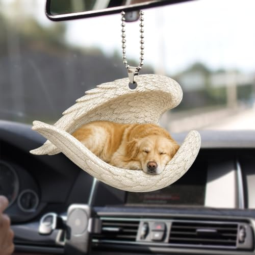 Talataca Golden Retriever Schlafender Engel Flügel Gedenkhund 2D Flach Auto Rückspiegel Zubehör Weihnachtsbaum Ornament Dekoration Hängender Charme Innen Rückansicht Anhänger Dekor Geschenk