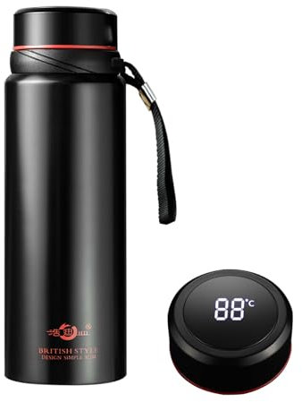 Stainless Steel Intelligent Insulated Water Bottle with Temperature Display;Wide Mouth Insulated Water Bottle;Double-Wall Vacuum Flask;Leakproof;with Handle (Black, 60oz/1800ml)