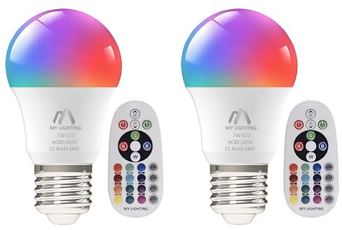 My Lighting Superhelle 7 W E27 ColorWave Serie LED-Leuchtmittel mit Fernbedienung, RGB + Warmweiß 3000 K, 16 Millionen Farben für Heimdekoration und Stimmungsbeleuchtung, dimmbar (2 Stück)