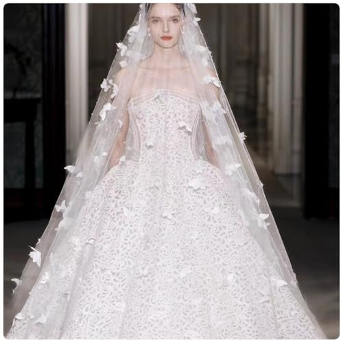 XJHWD Langer Kathedralen-Hochzeitsschleier aus romantischer Spitze mit Perlenperlen, einlagiger Brautschleier, Hochzeitsaccessoires, Elegante Brautaccessoires