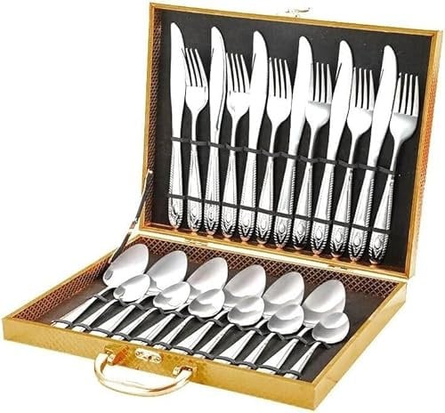 dvegGEE Dish set,Silverware Flatware Set, 24-piece Stainless Steel Silverware Set Service For 6, Cutlery Set With Golden Wooden Box Giftting Box Cutlery Set(Silver gold)
