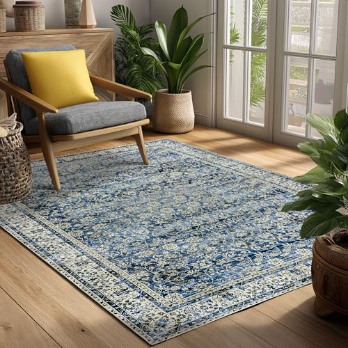 Maschinenwaschbarer Teppich, niedriger Flor, weicher Teppich für Esszimmer, Vintage-Blumenmuster, Used-Stil, Dunkelblau, 10,2 x 15,2 cm, Teppich für Wohnzimmer, Zuhause, Büro, kleiner Überwurf für