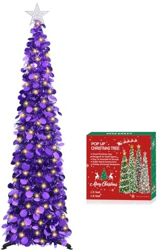 HMASYO Pop-Up-Weihnachtsbaum mit 100 LED-Timer-Lichtern und Fernbedienung, violetter Weihnachts-Lametta-Baum, zusammenklappbarer künstlicher Bleistiftbaum für Zuhause, Büro, Party-Dekoration