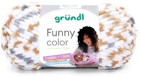 Gründl Wolle Funny color Chenille Wolle 1 Knäuel 100 g, karamell-grau | weiche Chenille Wolle zum Häkeln - Kuschelig und hautfreundlich - 100 % Polyester - 100 g / 120 m - Nadelstärke 5 - 6