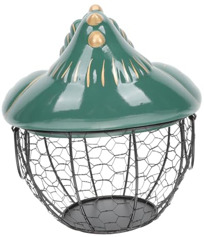LIGIGWASH Hen Shaped Egg Storage Basket Lid Ceramic and Iron Egg Holder Basket in Green Gold Trim and Black Wire Mesh