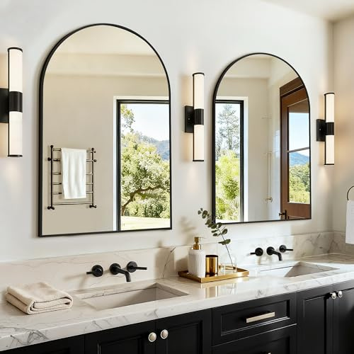 LAWADA Vanity Bathroom Mirror for Wall, 2 Pack 30x20 Arched Bathroom Mirror for Over Sink, Arched Metal Frame for Bedroom, Living Room, Entryway, Hanging or Leaning, Black