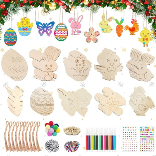Holzanhänger Ostern Zum Bemalen, 264 Stück Holzanhänger Ostern Bemalen, Osterdeko Basteln Kinder, Holz Ostereier zum Bema-len, Mit Aquarellstift, Strass, Deko Schnur, DIY Osteranhänger Bemale-n