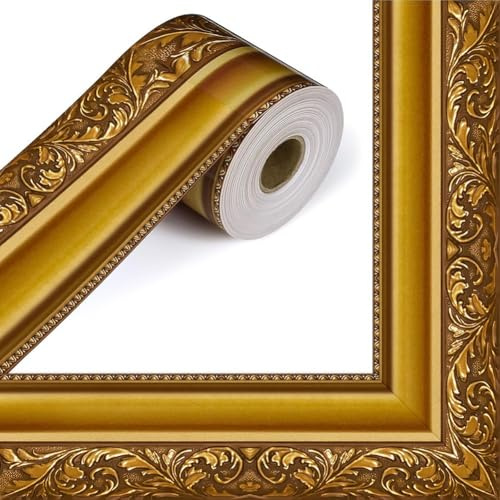 Sumsoctober 3D Tapete Bordüre Aufkleber Gold Rahmen Wasserdicht PET Selbstklebend Elegante Wanddekoration für Badezimmer Schlafzimmer Wohnzimmer Büro Party DIY