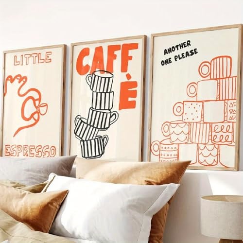 Xiyocadt 3er Poster Set,Orange Schwarz Kaffee-Leinwandposter Minimalistische Wandbilder,für Küche Vintage Bilder Wohnzimmer Deko Küche Aesthetic Deko Küchenbilder,Ohne Rahmen (30x40cm)