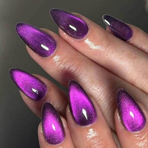 Gothic Glazed Glitter Press on Nails, Cat Eye Purple Glitter Acrylic Fake Nails with Bling Sparkle for Women, 24PCS Medium-Sized for Holiday & Party