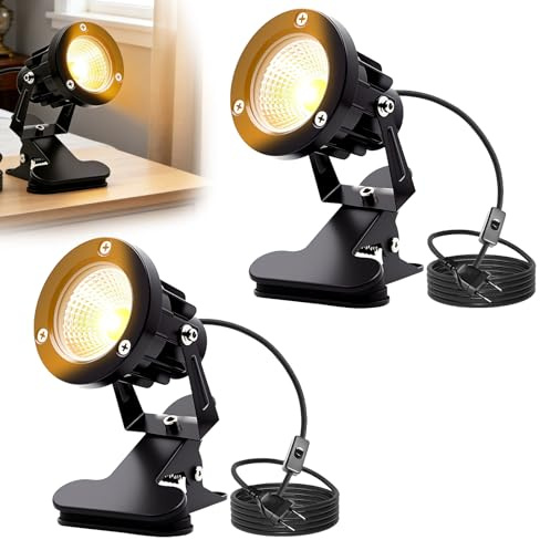 2 faretti LED con morsetto, 10 W, con cavo da 1,8 m e interruttore, faretto a LED, IP65, impermeabili, luce bianca calda, per cortili, prati, interni ed esterni