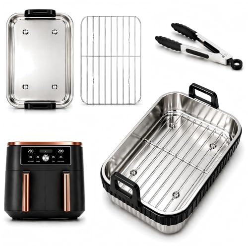 Airfryer Zubehör 3-tlg. – Edelstahl-Auflaufform für Ninja FlexDrawer 10,4 L | AF500EU & Ninja Dual Zone Heißluftfritteuse AF400EU/DZ400EU – Auflaufform mit abnehmbarem Silikonrand, Grillrost & Zange