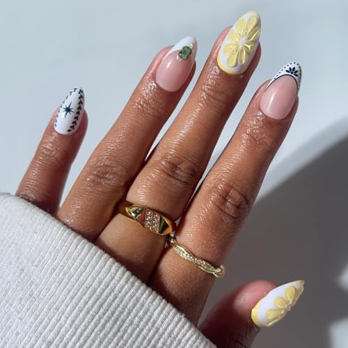 Glamnetic Press On Nails - Aperitivo Hour | Short Almond Fake Nails in Bright Orange with Olives, Lemons & Ceramic Designs, Salon Quality, Summer Nails | 15 Sizes - 30 Nail Kit with Glue