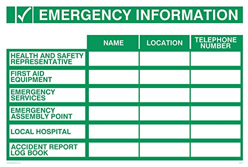Viking segni sx470-a4l-1 m informazioni di emergenza Nome, location, numero di telefono Sign, 1 mm in plastica semirigida, 200 mm altezza x 300 mm larghezza