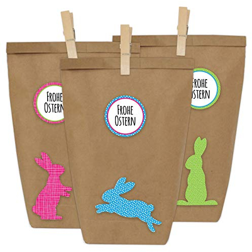 Papierdrachen 12 DIY Geschenktüten zu Ostern zum Basteln - Kreatives Osternest mit 12 Papiertüten und Osterhasen Aufklebern - Design 3