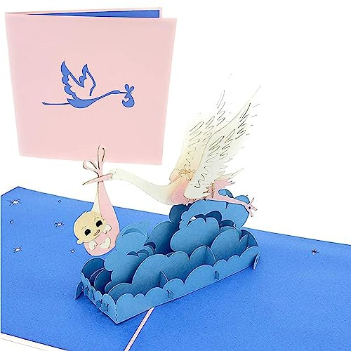 PopLife Stork and Baby 3D Pop Up Greeting Card for All Occasions - Gender Neutral, Newly Expecting, Babies Gifts - Folds Flat, Perfect for Mailing - Baby Shower, Happy Birthday, Newborn Announcement