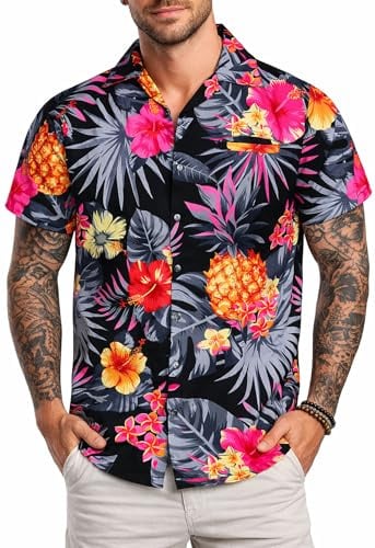 King Kameha Hawaiihemd Herren Kurzarm - Hawaii Hemd Männer Ananas - Hemd Herren Kurzarm Hawaii Outfit - Hawaiian Shirts for Men - Pineapple, Schwarz/Grau, 4XL