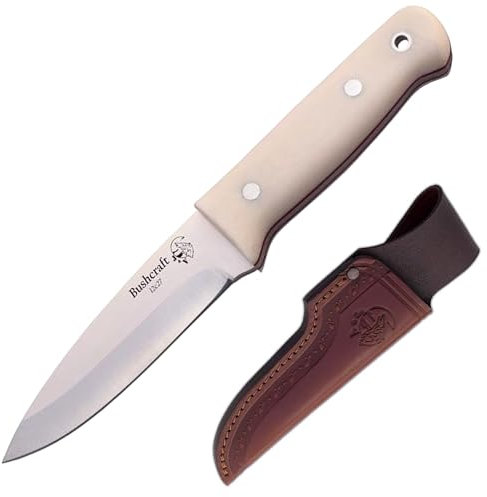 Cuchillos de Aventura J&V BUSHCRAFT Coltello J&V Full Tang con Manico Micarta Color Avorio, Lama da 11 cm e Fodero in Pelle Marrone, Attrezzo da Campeggio per la Pesca, Caccia, attività Sportive