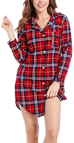 CHUNG Chemise de nuit à manches longues boutonnée pour femme - Chemise de nuit à carreaux - Chemise de nuit à carreaux - Pyjama en flanelle et coton, écossais rouge, XXL