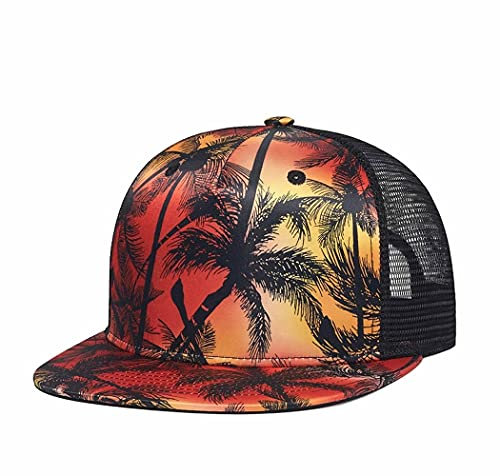Palm Tree Print Trucker Hat - Explore The Outdoors - Snapback Mesh Hats for Men - Coconut Coco Flat Bill Brim Dad Adjustable Baseball Cap