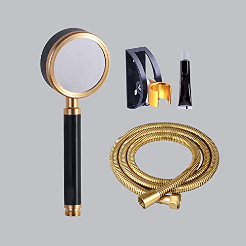 Titan Brauseschlauch 1M 1,5M 2M Extra langer BrauseschlauchDüse Edelstahl Brauserohr vergoldet Duschkopfraum Alu Duschsitz Set schwarzgold,2m Schlauch+Dusche+Halterung+Nagel,freier Kleber