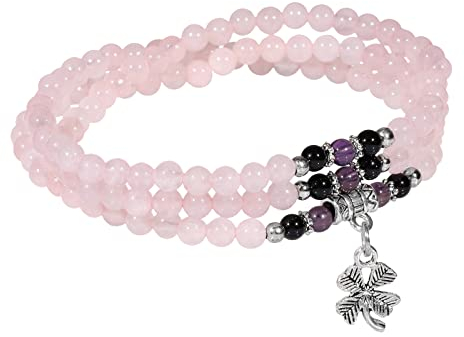 KYEYGWO Rosenquarz Kleeblatt Kristall Perlen Armband für Unisex, Buddhistischer Halsketten Chakra Armbänder Edelstein Wickelarmband Glücksbringer Perlenketten Segen Schmuck