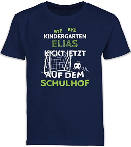 Kinder T-Shirt Jungen Schulanfang - Einschulung Junge - Bye Bye Kindergarten - kickt jetzt auf dem Schulhof - Fußball Tor - weiß - 140 (9/11 Jahre) - Navy Blau - Tshirt Schulkind