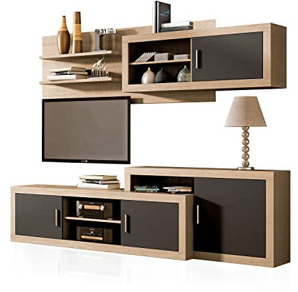 duehome | Salon Modular, Conjunto de Muebles de Salon, Modelo Nuka V2, Acabado en Cambria y Gris Grafito, Medidas: 240 cm (Largo)