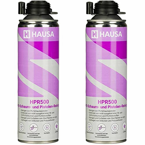 HAUSA PU-Pistolenreiniger HPR500 2x 500ml hochaktiver Reiniger für Schaumpistolen Dosenventile Adapterröhrchen, zum Entfernen von frischem PU-Schaum, Entfetten von Metalloberflächen, Sprühkopf