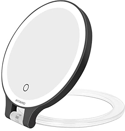 MYIAMO Schminkspiegel mit Beleuchtung, Doppelseitiger Kosmetikspiegel Rasierspiegel mit 1X/10X Vergrößerung und 3 Lichtfarben, Tischspiegel mit Verstellbarem Klappgriff für Zuhause und Reisen, Schwarz