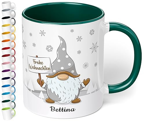 True Statements Weihnachtstasse mit Namen „Frohe Weihnachten“ - mit Gold-Wichtel-Motiv - 330ml - personalisierter Keramik Kaffee-Becher mit Spruch – Geschenk zu Weihnachten (Dunkelgrün)
