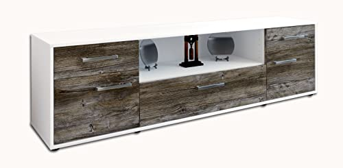 Lqliving TV-Board Lowboard Biggi, Korpus in Weiss matt, Front im Holz-Design Treibholz (180x49x35cm), mit Metall Griffen, Made in Germany