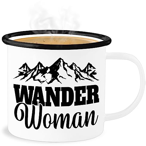 Emaille Becher Blechbecher - Deko Tasse Hobby - Wander Woman - Geschenk für Wanderin - 300 ml - Weiß Schwarz - berg emaille-tasse berge emaillebecher wandern tassen wanderer kaffeebecher