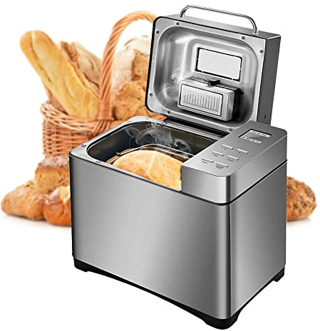 Panificadora de acero inoxidable, 19 programas, totalmente automática, sin gluten, sin gluten, mermelada, yogur, bandeja para ingredientes, sartenes de cerámica, 650 W, 1000 g