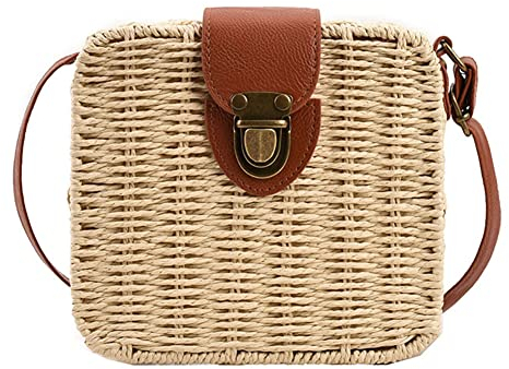 Orgonite Bolso de mano de paja tejido de mimbre de ratán con asa de bambú de imitación para mujer, para verano, playa, beige (B-Beige)