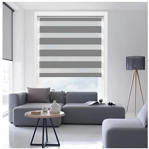 Ruby Deals Zebra Roller Blind Dual Layer Fabric Windows Blinds Window Roller No Drilling/Drilling Day and Night Grey Zebra Blinds W 114cm x H165cm