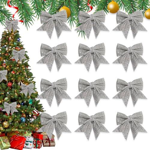 Casenly Schleifen Weihnachten, 12 Stück Weihnachtsschleifen Glitzer Weihnachtsbögen Weihnachtsbaum Schleifen Deko Zierschleifen für Weihnachtsbaumschmuck Hochzeit Party Geschenkdekoration, Silber