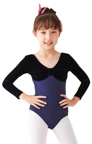 HEARTTOUCH Mädchen Turnanzug Gymnastikanzug Kinder Trikot Leotard Ballettbody Langarm Samt Tanzbody Turntrikot Tanzkleidung Dancewear (Dunkelblau,150)
