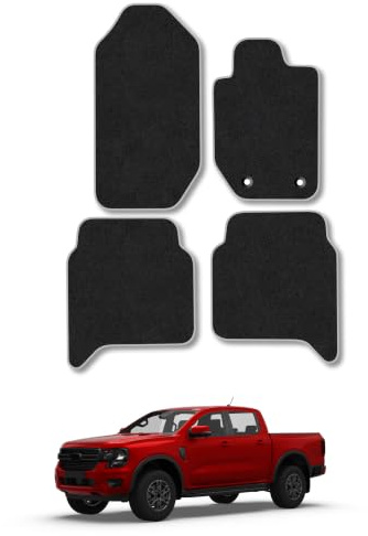 Compatible with Ford Ranger (2011-2022) Carpet Car Mats | Grey Edge Trim Tailored Fit Floor Mats Full Coverage Protection Accessories Easy Clean Anti Slip Made in the UK