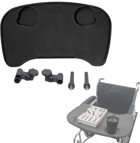 Rollstuhl-Tablett mit Getränkehalter, abnehmbarer Rollstuhl-Schreibtisch, Knietafel für Krankenpfleger, Esshilfe, passend für Rollstuhlarme mit Abstand von 40,6 cm und 50,8 cm, Schwarz