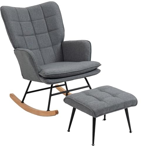 HOMCOM Schaukelstuhl Schwingsessel mit Hocker, Armlehnsessel, Sessel mit Leinenoptik, Schaukelsessel bis 130 kg Belastbarkeit für Schlafzimmer, Wohnzimmer, Grau