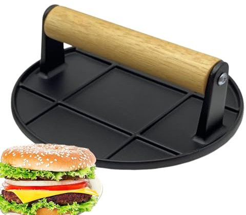 Cast Iron Grill Press for BBQ, Heavy-Duty Burger Press, 6.3 Inch Griddle Press, Flat Iron Press for Cooking, Anti-Scalding Handle Grill Press, Round Cast Iron Griddle Press