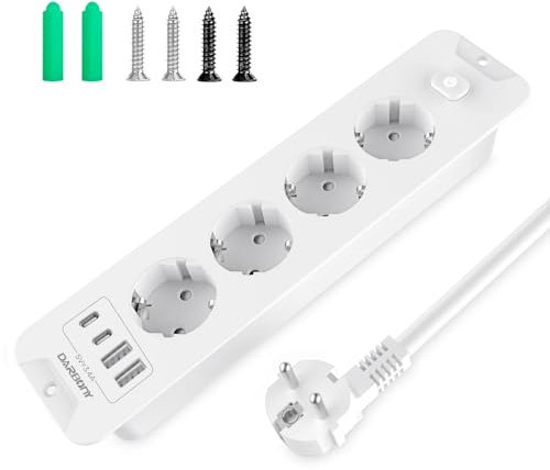 Regletas Enchufes con 2 USB-C, 4 Tomas Enchufes Multiple con Interruptor, 4000 W 16A Toma de Empotrar de Sobremesa, Enchufe de Superficie Muebles de Cocina, 2M Blanco